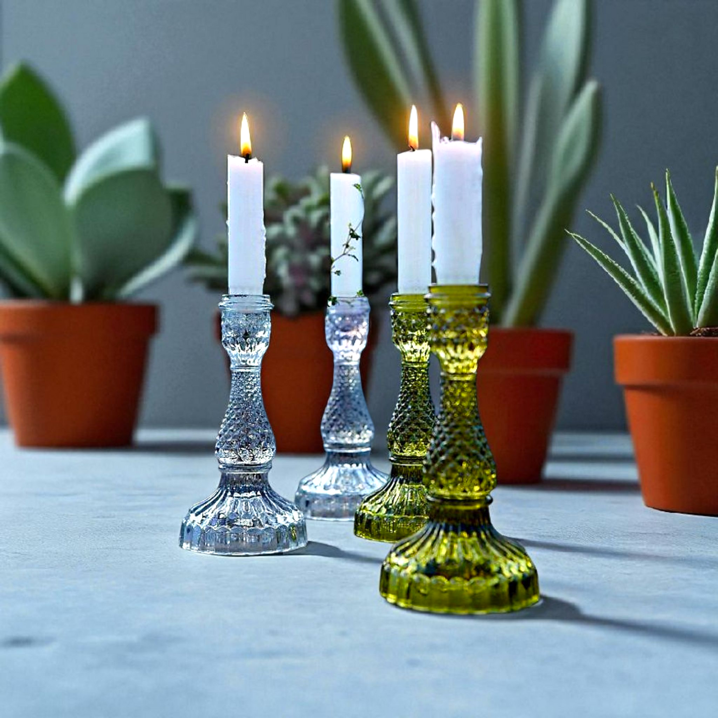 Vintage Olive Green Glass Candle Holders – Set of 2