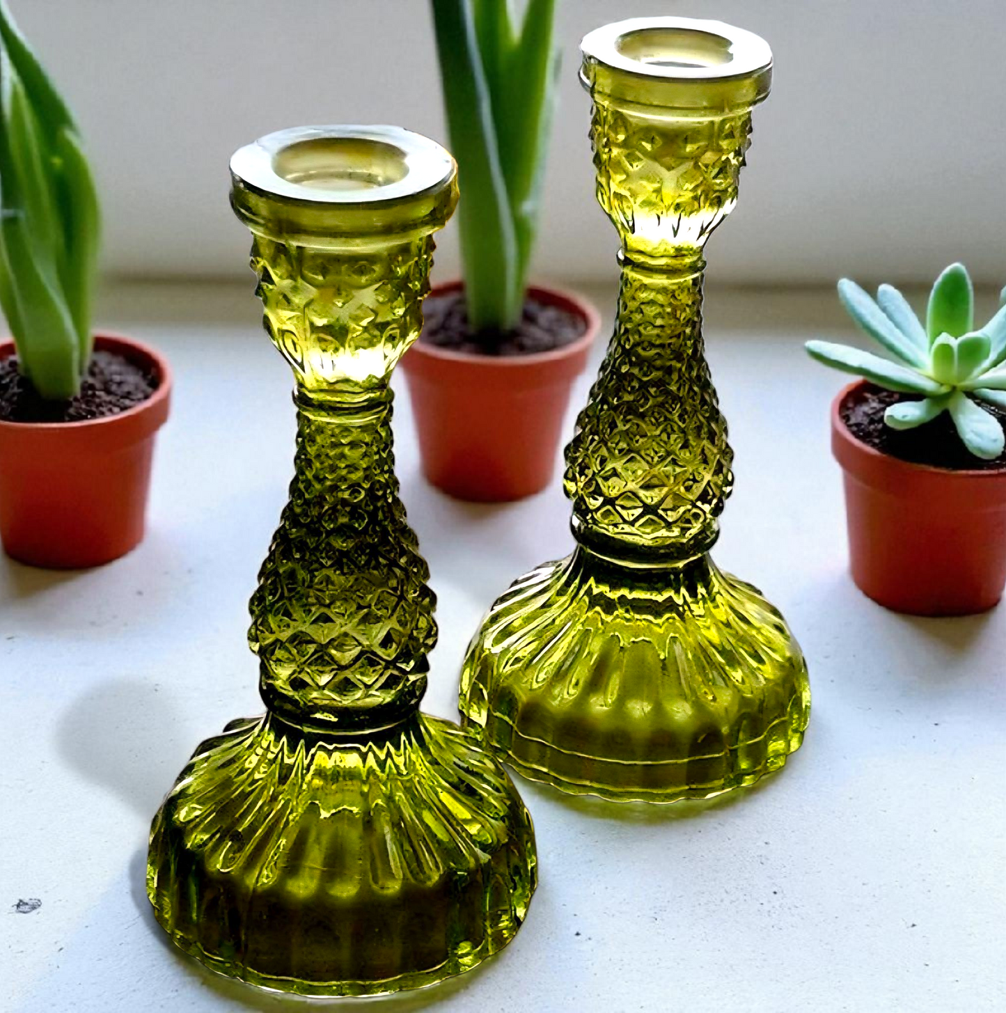 Vintage Olive Green Glass Candle Holders – Set of 2