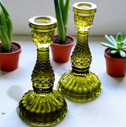 Vintage Olive Green Glass Candle Holders – Set of 2